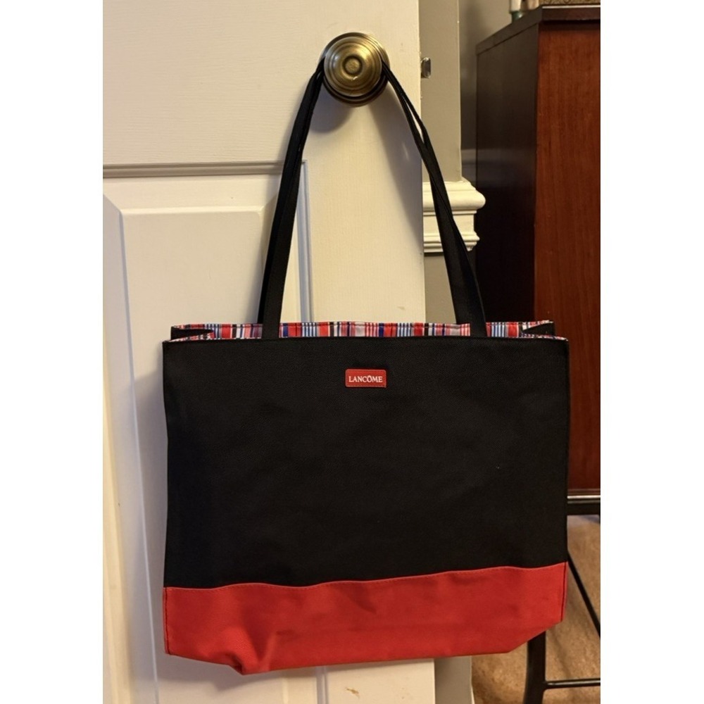 Lancôme Large Tote Bag – Black & Red Striped Lining NWOT